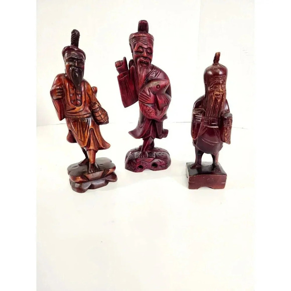 3 x Oriental Wooden Carvings - Chinese Fisherman Mid 1900's - Picture 2 of 16